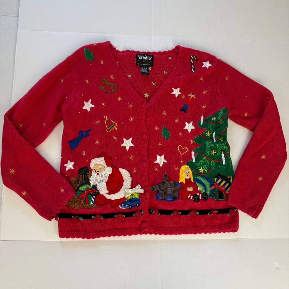 Designers Originals Studio Red Christmas Cardigan Santa Tree Vintage Petite P/P